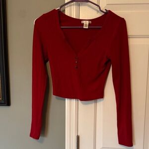 Bozzolo Red Ribbed V-Neck Long Sleeve Crop Top